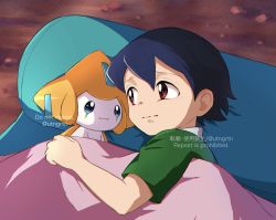 1boy black_hair closed_mouth commentary_request from_above fuyu_(utngrtn) gen_3_pokemon green_shirt highres jirachi legendary_pokemon male_focus max_(pokemon) mythical_pokemon nintendo pokemon pokemon:_jirachi:_wish_maker pokemon_(anime) pokemon_(creature) pokemon_rse_(anime) raised_eyebrows red_eyes shirt short_hair short_sleeves twitter_username under_covers watermark