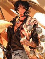 1boy arknights black_shirt bright_pupils brown_hair closed_mouth commentary_request cowboy_shot earrings highres jewelry jio_(baku_zugogo) looking_down magic male_focus open_clothes orange_eyes shirt short_hair solo standing thorns_(arknights) thorns_the_lodestar_(arknights) unzipped white_pupils zipper