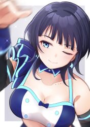1girl absurdres asaka_karin blue_eyes blue_hair blunt_bangs border breasts cleavage closed_mouth collarbone commentary_request earrings grey_background highres jewelry looking_to_the_side love_live! love_live!_nijigasaki_high_school_idol_club medium_breasts medium_hair mole mole_on_collarbone motion_blur one_eye_closed outside_border rrtp smile solo sparkle upper_body vivid_world_(love_live!) white_border