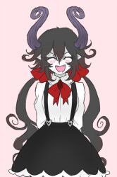 1girl arms_behind_back black_hair black_skirt black_suspenders blush_stickers bow bowtie closed_eyes collared_shirt colored_skin demon_girl demon_horns frilled_skirt frills funamusea gallaxi genderswap genderswap_(mtf) hair_between_eyes hair_bow horns long_hair low_twintails open_mouth pink_background pointy_ears red_bow red_bowtie satanick_(funamusea) sharp_teeth shirt sidelocks simple_background sketch skirt smile solo suspender_skirt suspenders teeth twintails upper_body very_long_hair white_shirt white_skin