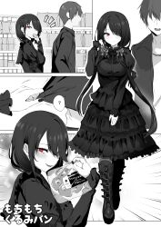1boy 1girl :d ? absurdres agetama black_boots black_dress black_hair blush boots breasts date_a_live dress from_side highres holding knee_boots large_breasts layered_dress long_hair long_sleeves looking_at_viewer open_mouth red_eyes smile spoken_question_mark teeth tokisaki_kurumi translation_request twintails upper_teeth_only