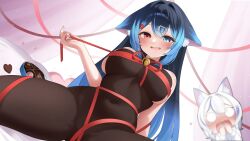 Rule 34 | 2girls, animal ear fluff, animal ears, bell, black hair, blue eyes, blue hair, bodysuit, breasts, brown bodysuit, brown leotard, candy, cat ears, cat girl, chocolate, chocolate heart, food, happy valentine, heart, heart-shaped food, heterochromia, highres, leotard, littleloli, long hair, medium breasts, multiple girls, neck bell, open mouth, original, red eyes, red ribbon, ribbon, valentine