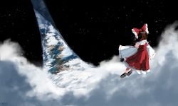 Rule 34 | 103anon, 1girl, absurdres, black shoes, bow, brown hair, cloud, collar, commentary, detached sleeves, english commentary, from behind, hair bow, hair tubes, hakurei reimu, halo (game), halo (series), highres, japanese clothes, medium hair, miko, red bow, red shirt, red skirt, ribbon-trimmed sleeves, ribbon trim, ring world, shirt, shoes, sidelocks, skirt, skirt set, sleeveless, solo, space, touhou, white collar