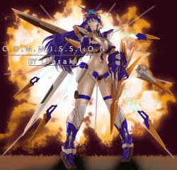 Rule 34 | 1girl, absurdres, artist name, bikini, black bikini, blue hair, breasts, cleavage, commentary, commission, english commentary, explosion, floating hair, glowing, glowing eyes, gundam, gundam astray blue frame d, gundam seed, gundam seed destiny, gundam seed destiny astray b, highres, large breasts, long hair, mecha musume, armored boots, midriff, navel, parted lips, saraki yukata, smile, solo, swimsuit, thigh strap, v-fin, watermark