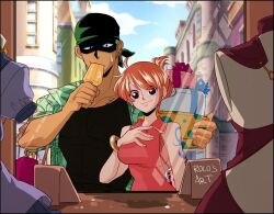 Rule 34 | 1boy, 1girl, artist name, bag, bandana, bangle, bare shoulders, birthday, black bandana, black shirt, blue sky, box, bracelet, breasts, building, closed mouth, cloud, cloudy sky, commentary, earrings, english commentary, food, food in mouth, gift, gift box, green hair, green shirt, hair up, height difference, highres, holding, holding box, holding food, holding popsicle, jewelry, looking at viewer, medium breasts, nami (one piece), one piece, open clothes, open shirt, orange hair, pearl earrings, pink shirt, popsicle, rolo&#039;s art, roronoa zoro, scar, scar on chest, shirt, shopping, short hair, shoulder bag, shoulder tattoo, single sidelock, sky, sleeveless, sleeveless shirt, smile, sweatdrop, tattoo, unworn clothes, upper body