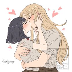 Rule 34 | 2girls, black hair, blonde hair, blush, closed eyes, collared shirt, commentary, hashtag-only commentary, heart, highres, hoshizora no shita, hug, kiss, long hair, multiple girls, original, pink nails, school uniform, shirt, short hair, short sleeves, simple background, watermark, white background, white shirt, yuri