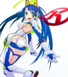 animal_ears ass blue_hair gloves green_eyes kotaku kotaku-tan looking_back original rabbit_ears rabbit_tail robo8 simple_background smile solo tail