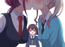 Rule 34 | 3girls, bad girl (manga), black hair, black sweater vest, blonde hair, blue cardigan, blue hoodie, blush, cardigan, collared shirt, colored inner hair, commentary request, green necktie, hood, hoodie, kiss, long hair, ma tsukasa, mizutori atori, multicolored hair, multiple girls, necktie, open mouth, red eyes, red hair, red necktie, school uniform, shirt, short hair, simple background, suzukaze suzu, sweatdrop, sweater vest, white background, white shirt, yuri, yuutani yuu