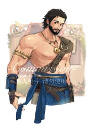 1boy absurdres beard black_hair commission cowboy_shot facial_hair gold_armlet hair_slicked_back highres male_focus medallion muscular muscular_male nipples original pectorals short_hair single_shoulder_pad solo vamos_mk