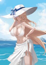 1girl absurdres bikini blonde_hair blue_eyes blush bow breasts brown_dust_(series) brown_dust_2 collarbone hair_over_one_eye hand_on_own_hip hand_up hat hat_bow highres large_breasts long_hair looking_at_viewer navel ocean ppupdeo solo stomach sun_hat swimsuit white_bikini wilhelmina_(brown_dust)