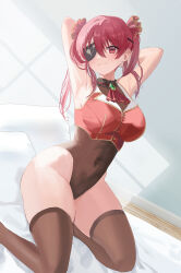 1girl :3 absurdres armpits arms_behind_head arms_up arrow_through_heart ascot bed_sheet black_choker blush breasts brooch brown_leotard brown_thighhighs choker closed_mouth covered_navel cropped_jacket day eyepatch fang frilled_choker frills gold_trim hair_ribbon highleg highleg_leotard highres hololive houshou_marine houshou_marine_(1st_costume) indoors jacket jewelry lapels large_breasts leotard leotard_under_clothes long_hair looking_at_viewer notched_lapels nuran22 pillow red_ascot red_eyes red_hair red_jacket red_ribbon ribbon sitting sleeveless sleeveless_jacket solo thick_thighs thighhighs thighs twintails virtual_youtuber wide_hips