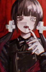 black_coat black_hair black_ribbon blunt_bangs character_request coat commentary copyright_request cross_hair_ornament fingernails hair_ornament heterochromia highres long_fingernails long_hair nail_polish open_mouth red_background red_nails ribbon shi_ge_xu sidelocks symbol-only_commentary teeth tongue twintails upper_body