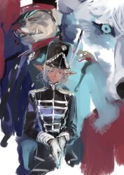 absurdres blonde_hair copyright_request dark_elf dark_skin elf epaulettes hat highres ikuhana_niiro military_hat military_uniform orc pig_snout pointy_ears red_eyes wolf