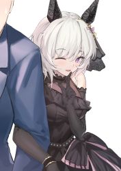 1boy 1girl absurdres animal_ears bare_shoulders black_dress black_gloves blue_jacket breasts curren_chan_(sakutsuki_ma_cherie)_(umamusume) curren_chan_(umamusume) dress ear_covers elbow_gloves faceless faceless_male gloves grey_hair highres horse_ears index_finger_raised jacket light_blush locked_arms looking_at_viewer medium_breasts one_eye_closed open_mouth out_of_frame purple_shirt shirt short_hair simple_background sleeveless sleeveless_dress smile trainer_(umamusume) umamusume upper_body white_background wristband yuku~