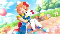 1girl :d ^_^ apple balloon basket blue_dress blue_shoes blue_shorts blurry bow closed_eyes crossover depth_of_field dress dutch_angle flower food fruit full_body game_cg grass hair_bow hello_kitty hello_kitty_(character) highres higurashi_no_naku_koro_ni higurashi_no_naku_koro_ni_mei knees_up non-web_source official_art one_eye_closed open_mouth outdoors pinafore_dress pink_flower red_bow ryuuguu_rena sanrio shirt shirt_under_dress shoes shorts sitting sleeveless sleeveless_dress sleeveless_shirt smile thighhighs tree white_thighhighs yellow_shirt