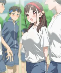 Rule 34 | 1other, 2boys, 2girls, bad id, bad pixiv id, black hair, blue headband, blue jacket, blue shorts, blush, breasts, brown hair, commentary request, gym uniform, headband, highres, idolmaster, idolmaster shiny colors, jacket, large breasts, looking at another, medium hair, multiple boys, multiple girls, outdoors, rakushi (kamekameha222), red headband, shirt, short sleeves, shorts, small breasts, smile, sonoda chiyoko, track jacket, twintails, white shirt