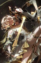 1girl absurdres aglaea_(honkai:_star_rail) blonde_hair breasts closed_mouth commentary dress from_side garmentmaker_(honkai:_star_rail) greco-roman_clothes green_eyes head_wreath high_heels highres holding holding_sword holding_weapon honkai:_star_rail honkai_(series) light_smile looking_at_object medium_breasts meltyrice short_hair side_slit solo sword thighs weapon white_dress yellow_eyes