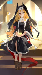 1girl absurdres archetto_(arknights) archetto_(glory_of_the_devout)_(arknights) arknights black_dress black_veil blonde_hair blue_eyes breasts brown_shoes candle collar commentary_request cupping_hands dress full_body hair_between_eyes heterochromia highres holding holding_candle indoors light_blush long_hair long_sleeves looking_at_viewer nun own_hands_together red_eyes shoes sitting sitting_on_stairs small_breasts smile solo stairs teketi veil white_collar white_trim wide_sleeves