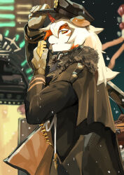 1boy absurdres arknights black_coat blonde_hair body_fur coat commentary_request cowboy_shot dog_boy furry furry_male gloves grey_gloves hat highres horns hung_(arknights) hung_(just_a_driver)_(arknights) long_hair looking_at_viewer male_focus nakan outdoors peaked_cap single_horn snow solo standing yellow_eyes