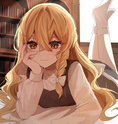 1girl black_skirt black_vest blonde_hair book bookshelf braid closed_mouth elbow_rest hair_between_eyes hair_intakes hand_on_own_face head_rest highres indoors izumi_no_yasushi_aya kirisame_marisa long_hair long_sleeves lying no_headwear on_stomach shirt side_braid single_braid skirt smile socks solo touhou vest white_shirt white_socks yellow_eyes