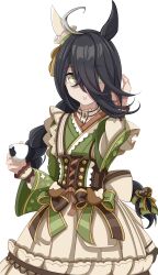 Rule 34 | 1girl, absurdres, ahoge, animal ears, black hair, bow, brown corset, closed mouth, corset, dress, ear covers, ear ribbon, green bow, green dress, green ribbon, grey hair, hair between eyes, hair bow, hand up, highres, long bangs, long hair, long hair between eyes, long sleeves, looking at viewer, low-braided long hair, low-tied long hair, manhattan cafe (umamusume), manhattan cafe (verdant night) (umamusume), multicolored hair, ribbon, simple background, single ear cover, solo, umamusume, very long hair, white background, xiaofeng, yellow eyes