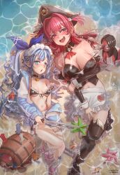Rule 34 | 2girls, anchor (innocent maid) (nikke), anchor (nikke), apron, bare shoulders, barrel, beach, bikini, black bikini, black boots, blue eyes, blue hair, blue jacket, blush, boots, breasts, collar, detached sleeves, fang, frilled bikini, frills, from above, full body, goddess of victory: nikke, hat, jacket, large breasts, long hair, lying, maid headdress, mast (nikke), mast (romantic maid) (nikke), matching hair/eyes, multiple girls, ocean, off shoulder, official alternate costume, on back, open mouth, partially submerged, peaceterzero, pink eyes, pirate hat, ponytail, red hair, sand, sandals, small breasts, smile, starfish, swimsuit, thigh boots, toes, water, wrist cuffs