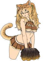 1girl animal_ear_fluff animal_ears arched_back armpit_crease belt black_skirt blonde_hair breasts brown_shirt brown_skirt cheerleader contrapposto cowboy_shot crop_top crop_top_overhang flat_color gradient_hair hair_between_eyes highres houtengeki long_hair looking_at_viewer medium_breasts miniskirt multicolored_hair multicolored_skirt open_mouth original pleated_skirt pom_pom_(cheerleading) shirt short_eyebrows sidelocks simple_background skirt sleeveless sleeveless_shirt solo standing striped_hair tail tiger_ears tiger_girl tiger_girl_(houtengeki) tiger_tail twintails underboob white_background white_belt yellow_eyes yellow_pom_poms