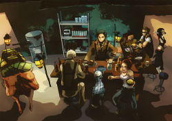 2girls 3boys anzai bar_stool bare_shoulders black_hair blouse boots bottle bottle_cap bowl brahmin breasts butt_crack chopsticks cleavage coat cow dark_skin dog fallout fallout:_new_vegas glass goggles green_eyes lantern milk multiple_boys multiple_girls non-humanoid_robot nuka_cola plate radio red_hair rex_(fallout:_new_vegas) robot_animal robot_dog shirt spoon stool sunset_sarsaparilla toaster white_shirt