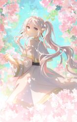 1girl absurdres belt black_belt bloom blue_eyes capelet cherry_blossoms closed_mouth commentary dress earrings elf flower frieren highres hotaru_gugugu jewelry long_hair long_sleeves looking_at_viewer looking_back parted_bangs pink_flower pointy_ears smile solo sousou_no_frieren sunlight turning_head twintails white_capelet white_dress white_hair wind