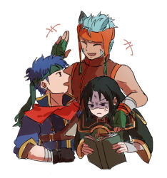 3boys anger_vein animal_ears black_hair blue_hair book boxkiri cat_boy cat_ears closed_eyes cropped_torso facial_mark fire_emblem fire_emblem:_path_of_radiance forehead_mark holding holding_book ike_(fire_emblem) male_focus multiple_boys nintendo open_book ranulf_(fire_emblem) short_hair simple_background soren_(fire_emblem) white_background