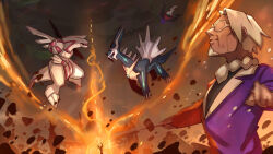 1boy absurdres clavell_(pokemon) commentary_request darkrai dialga fire gen_4_pokemon glasses highres legendary_pokemon male_focus mythical_pokemon nintendo opaque_glasses palkia pokemon pokemon:_the_rise_of_darkrai pokemon_(anime) pokemon_(creature) pokemon_dppt_(anime) pokemon_sv shiburingaru sweat white-framed_eyewear white_hair