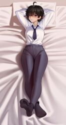 1girl ahoge arms_behind_head bed bed_sheet black_hair black_pants blue_eyes blush breasts closed_mouth collared_shirt commentary commission english_commentary feet formal_clothes full_body hair_between_eyes highres kairunoburogu large_breasts long_sleeves looking_at_viewer lying maddie_(seki) necktie office_lady on_back on_bed original pants pillow second-party_source shirt shirt_tucked_in short_hair soles solo suit white_shirt