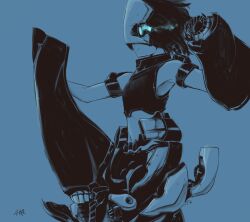 Rule 34 | 1girl, abyssal ship, arm cannon, blue theme, chi-class torpedo cruiser, closed mouth, commentary request, crop top, eye trail, from side, glowing, glowing eye, kantai collection, kawashina (momen silicon), light trail, midriff, monochrome, shield, shirt, simple background, sleeveless, sleeveless shirt, solo, weapon