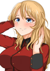 Rule 34 | 1girl, absurdres, alternate hairstyle, blonde hair, blue eyes, blush, closed mouth, commentary, dap 8492, darjeeling (girls und panzer), girls und panzer, hair down, hands in own hair, highres, jacket, long hair, long sleeves, looking at viewer, military uniform, red jacket, simple background, smile, solo, st. gloriana&#039;s military uniform, textless version, upper body, white background