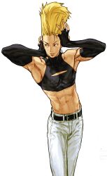 1boy adjusting_hair androgynous arms_up belt blonde_hair capcom capcom_vs_snk_2 crop_top earrings elbow_gloves fingerless_gloves game_cg gloves highres jewelry long_hair looking_to_the_side male_focus muscular navel nikaidou_benimaru nishimura_kinu non-web_source official_art pants raised_eyebrow smile snk solo the_king_of_fighters white_pants