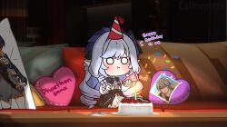 1girl belle_(zenless_zone_zero) birthday_cake cake candle candlelight celinepizza center_frills chibi closed_mouth commentary confetti dakimakura_(object) english_commentary english_text fang fang_out food fork frilled_sleeves frills fruit happy_birthday heart heart-shaped_pillow highres indoors knife long_hair long_sleeves mole mole_under_eye o_o party_popper photo_(object) pillow purple_hair solo strawberry very_long_hair vivian_banshee wise_(zenless_zone_zero) zenless_zone_zero