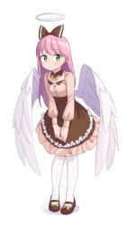 1girl angel_wings black_bow black_shoes black_skirt bow closed_mouth dot_mouth full_body green_eyes hair_bow halo high-waist_skirt highres leaning_forward long_hair long_sleeves looking_at_viewer mary_janes original pantyhose pink_hair saiste shoes simple_background skirt solo v_arms white_background white_pantyhose wings