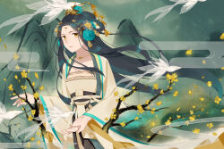 Rule 34 | 1girl, absurdres, aqua flower, black hair, branch, breasts, brown hanfu, carnation, chinese commentary, circlet, cleavage, closed mouth, collarbone, commentary, cowboy shot, day, expressionless, fish, floating hair, flower, flying fish, forehead, green sky, hair bun, hair flower, hair ornament, hair rings, highres, jewelry, kirina zero, koi, light frown, light particles, long hair, long sleeves, miracle nikki, mountain, necklace, nikki (series), outdoors, petals, pink lips, sash, single hair bun, sky, solo, square neckline, standing, very long hair, waist sash, wide sleeves, wind, world in dream (miracle nikki), yellow eyes, yellow flower