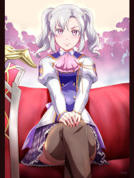 1girl artist_bane aurelia_le_guin crossed_legs eiyuu_densetsu hajimari_no_kiseki huge_weapon looking_at_viewer parted_bangs purple_eyes school_uniform sen_no_kiseki sen_no_kiseki_(series) sen_no_kiseki_i sen_no_kiseki_iii sidelocks sitting skirt smile solo sword thighhighs thors_military_academy_school_uniform tree twintails weapon xiacheng_tatsuya