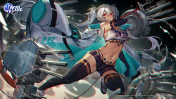 1girl alabama_(azur_lane) artillery azur_lane blush breasts chain coat duplicate english_text hair_between_eyes highres mebaru midriff navel official_art pixel-perfect_duplicate red_eyes short_shorts short_twintails shorts sideboob silver_hair solo stomach thighhighs twintails zettai_ryouiki