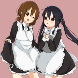 2girls apron black_hair brown_eyes brown_hair feet_out_of_frame female_focus hair_between_eyes hair_ornament hairclip hirasawa_yui holding holding_tray k-on! long_hair long_sleeves looking_at_viewer maid maid_apron multiple_girls nakano_azusa nkn_k_on one_eye_closed open_mouth pink_background short_hair standing teeth tray twintails