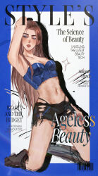 1girl absurdres alien_stage alternate_costume arm_up barcode black_panties black_shorts blue_eyeshadow blue_shirt breasts brown_hair chinese_commentary cleavage commentary cover crop_top english_text eyeshadow fake_magazine_cover full_body grey_eyes highres hyuna_(alien_stage) jundao83316 kneeling long_hair magazine_cover makeup midriff navel one_eye_closed panties panty_straps parted_lips prosthesis prosthetic_leg shirt shorts solo strapless strapless_shirt torn_clothes torn_shorts underwear very_long_hair