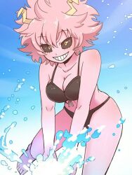 1girl abiko_yuuji ashido_mina bare_legs bare_shoulders barefoot beach bikini black_bikini black_sclera boku_no_hero_academia bone collarbone colored_sclera colored_skin curly_hair feet female_focus grin horns legs looking_at_viewer ocean pink_hair pink_skin playing_with_viewer pov short_hair shounen_jump smile swimsuit teeth toes water yellow_eyes