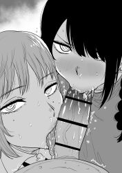 1boy 2girls :&gt;= absurdres bar_censor blush braid braided_ponytail censored chainsaw_man collared_shirt cooperative_fellatio erection expressionless fami_(chainsaw_man) fellatio grey_background greyscale hair_over_one_eye hetero highres kaiman_garupan licking licking_penis lips long_hair looking_at_viewer mole mole_under_eye monochrome multiple_girls nayuta_(chainsaw_man) open_mouth oral penis portrait pov ringed_eyes saliva shirt short_hair simple_background sweat swept_bangs teamwork_(sexual) tongue tongue_out upper_body wing_collar