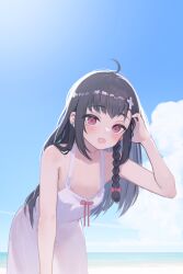 1girl ahoge bare_shoulders black_hair blue_sky bow braid cloud commentary_request cross_hair_ornament cumulonimbus_cloud dress dress_bow hair_ornament hand_in_own_hair highres leaning_forward long_hair looking_at_viewer ocean open_mouth original rainen_ganbarimashita red_eyes see-through_silhouette single_braid sky solo sundress white_dress