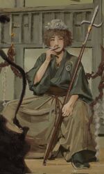 1other androgynous azuma_kaisen blue_shirt branch brown_hair cigarette fence full_body green_socks grey_pants hatsburg highres holding holding_polearm holding_weapon jewelry len&#039;en necklace ogata_garaiya pants polearm red_ribbon ribbon shirt smoking socks solo tagme toad_(animal) weapon