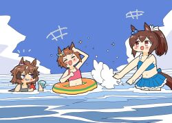 3girls :d :o animal_ears ashitaba_tomorou biko_pegasus_(umamusume) blue_sky blush brown_hair buoy cloud ear_ornament ear_scrunchie hair_tuft hishi_akebono_(umamusume) horse_ears horse_girl horse_tail in_water jellyfish laughing long_hair multiple_girls ocean open_mouth pearl_ornament playing ponytail ribbon sharp_teeth shinko_windy_(umamusume) short_hair sky smile smug splashing standing star_(symbol) star_ornament starfish swimsuit tail teeth umamusume white_ribbon wing_ornament