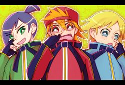 3boys absurdres black_hair blonde_hair blue_eyes boomer_(ppg) brick_(ppg) brothers butch_(ppg) cowlick freckles green_eyes green_jacket hat highres jacket looking_at_viewer looking_to_the_side multiple_boys nose_picking open_mouth orange_hair powerpuff_girls_z red_eyes rowdyruff_boys siblings