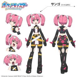1girl :&gt; :3 angry back bandaid bandaid_hair_ornament bare_shoulders black_eyes black_hair black_shoes black_skirt black_thighhighs blunt_bangs clothing_cutout copyright_name coral_(pokemon) crop_top detached_sleeves fang fanny_pack gen_8_pokemon hair_ornament long_sleeves looking_at_viewer midriff morpeko morpeko_(hangry) multicolored_hair multiple_views naughty_face nintendo official_art pink_hair pokemon pokemon_(anime) pokemon_horizons pokemon_print reference_sheet sang shaded_face shoes skirt sleeves_past_fingers sleeves_past_wrists smug thigh_cutout thighhighs translation_request twintails two-tone_hair white_background wide_hips
