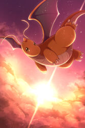claws cloud cloudy_sky colored_skin dragon_tail dragon_wings dragonite gen_1_pokemon highres lens_flare nintendo pokemon pokemon_(creature) pokemon_focus rumine_(yoshi1234567) sky solo sunset tail wings yellow_eyes yellow_skin